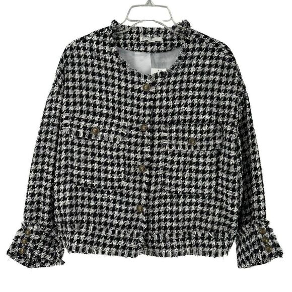 Cato Cropped Collarless Blazer Jacket Houndstooth Tweed L Black White Preppy Top - Picture 1 of 9